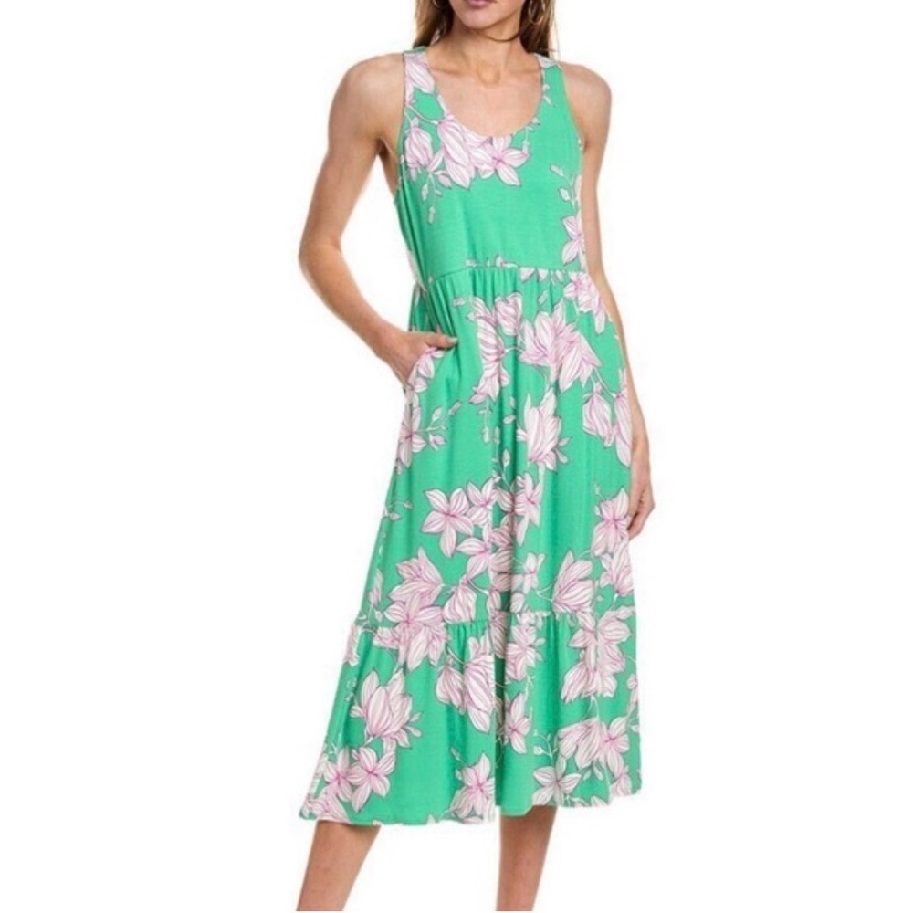 CAbi Weekend Dress #6217 Sz Large Green Tiered Midi Tank Dress Pink White Floral - Picture 2 of 11
